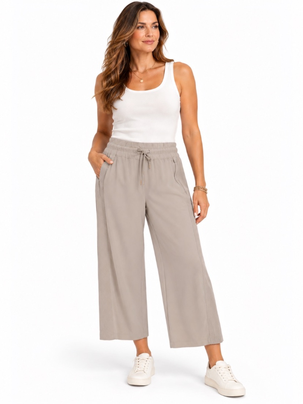 Athleta Beige Wide Leg Relaxed Fit Sporty Lagenlook Drawstring Crop Pants Size 6